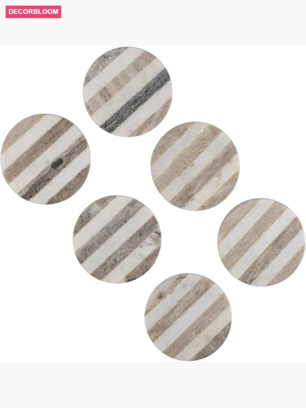 Set of 6 Handcrafted Marble Round Coasters with Striped Inlay